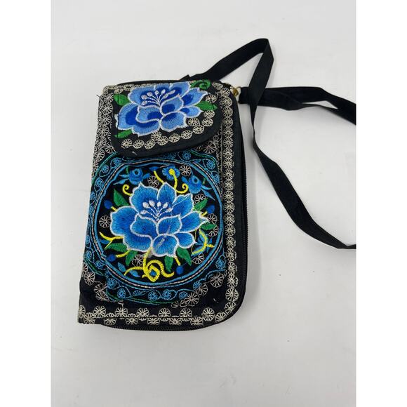 Blue & Black Rose Embroidery Tapestry Zip Around Crossbody Wallet~Made in Mexico - Picture 6 of 12